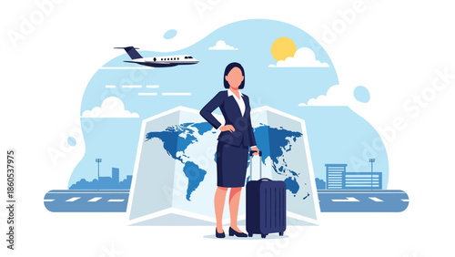 Modern vector illustration of executive standing confidently with suitcase in front of world map, leadership and global business travel concept