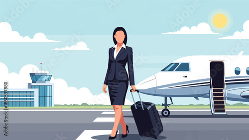 Modern vector illustration of business traveler boarding airplane private jet with carry-on luggage, corporate aviation and professional travel concept