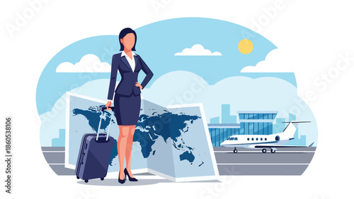 Modern vector illustration of executive standing confidently with suitcase in front of world map, leadership and global business travel concept
