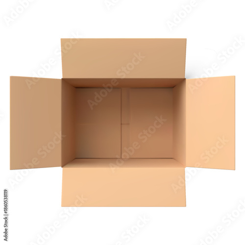 Open cardboard empty box viewed from above, realistic brown carton parcel, cargo delivery package 3D vector mockup