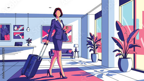 Modern vector illustration of business traveler arriving at hotel entrance with luggage, corporate accommodation and hospitality travel concept
