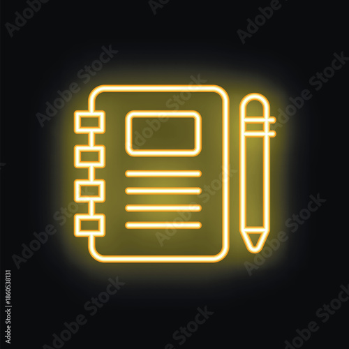 Yellow neon icon of a notebook and pen glowing on a black background