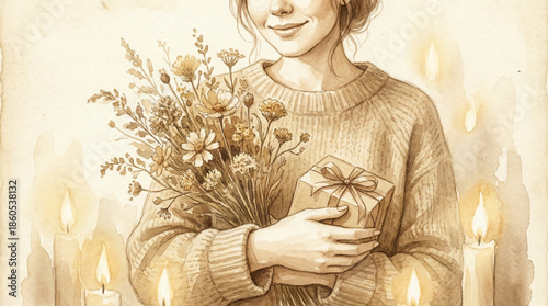 A warm illustration of a person holding a bouquet of flowers and a gift box with lit candles in the background