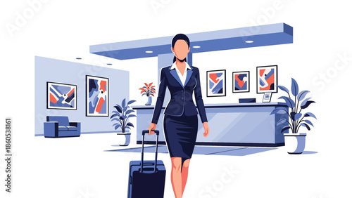 Modern vector illustration of business traveler arriving at hotel entrance with luggage, corporate accommodation and hospitality travel concept