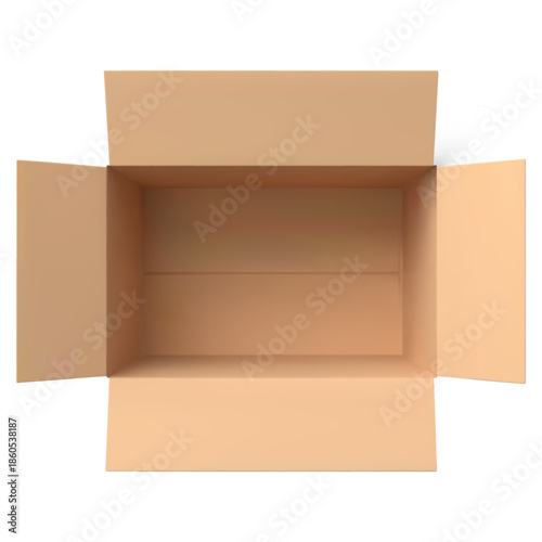 3D open cardboard empty box viewed from above vector mockup, realistic brown carton parcel, cargo delivery package