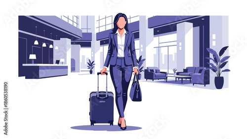 Modern vector illustration of business traveler arriving at hotel entrance with luggage, corporate accommodation and hospitality travel concept