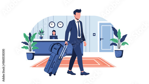 Modern vector illustration of business traveler arriving at hotel entrance with luggage, corporate accommodation and hospitality travel concept