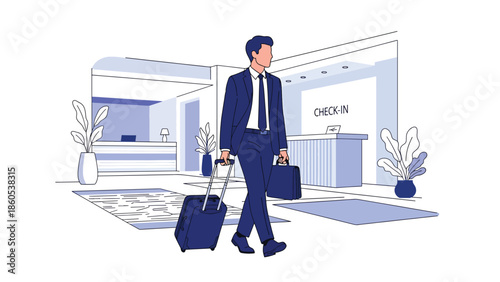 Modern vector illustration of business traveler arriving at hotel entrance with luggage, corporate accommodation and hospitality travel concept