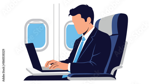 Modern vector illustration of executive working on laptop inside airplane cabin, inflight productivity and business aviation concept
