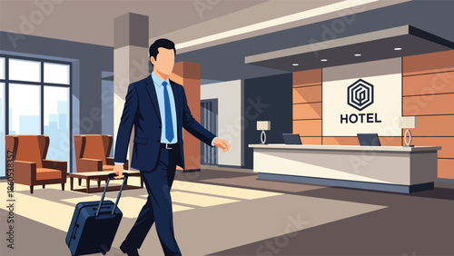 Modern vector illustration of business traveler arriving at hotel entrance with luggage, corporate accommodation and hospitality travel concept