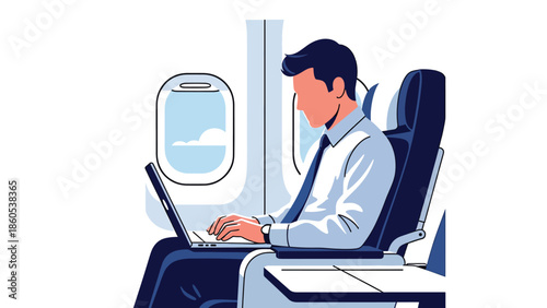 Modern vector illustration of executive working on laptop inside airplane cabin, inflight productivity and business aviation concept
