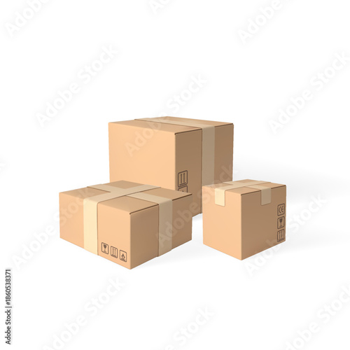 3D cardboard box different sizes, vector realistic brown carton parcel closed with tape and transportation symbols
