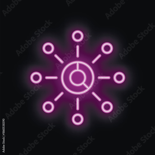 Purple neon style icon of a pie chart connecting to a network representing data analysis