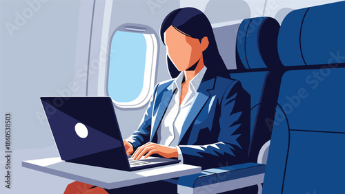 Modern vector illustration of executive working on laptop inside airplane cabin, inflight productivity and business aviation concept