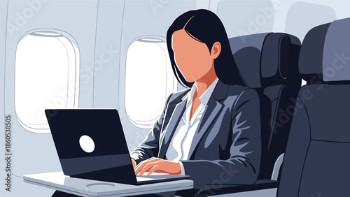 Modern vector illustration of executive working on laptop inside airplane cabin, inflight productivity and business aviation concept