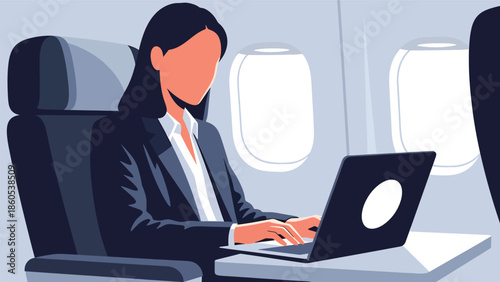 Modern vector illustration of executive working on laptop inside airplane cabin, inflight productivity and business aviation concept