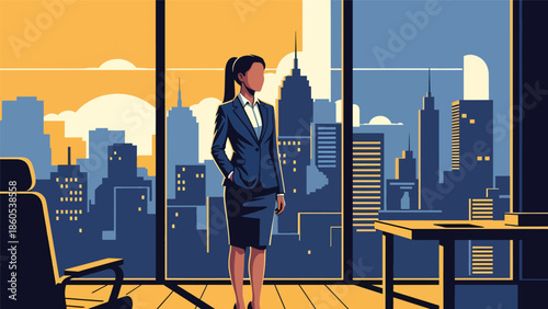 Modern vector illustration of executive standing by window overlooking city before meeting, calm corporate travel and leadership mindset concept