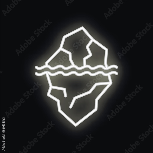 Glowing white neon iceberg floating with hidden danger below water line on a black background