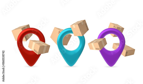 Cardboard boxes, parcels around different colors geolocation pointer signs, vector brown paper packages delivery service