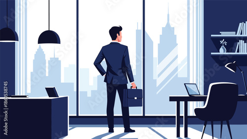 Modern vector illustration of executive standing by window overlooking city before meeting, calm corporate travel and leadership mindset concept