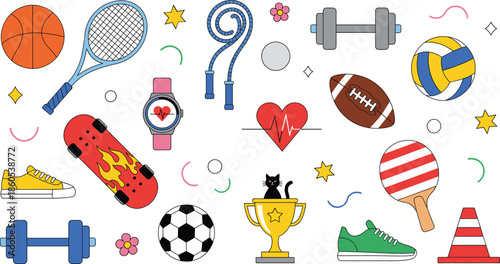 Sport and fitness equipment icons collection featuring basketball tennis skateboard football soccer ball gym dumbbells and trophy for healthy lifestyle vector design.