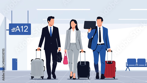 Modern vector illustration of corporate team traveling together with luggage, business collaboration, company trip, and teamwork travel concept