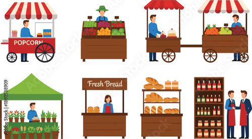 Street food market stalls and vendor carts collection featuring popcorn fresh bread organic produce and flower stands for outdoor festival vector design.