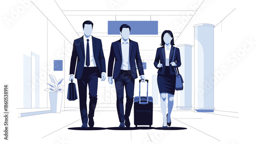 Modern vector illustration of corporate team traveling together with luggage, business collaboration, company trip, and teamwork travel concept
