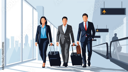 Modern vector illustration of corporate team traveling together with luggage, business collaboration, company trip, and teamwork travel concept