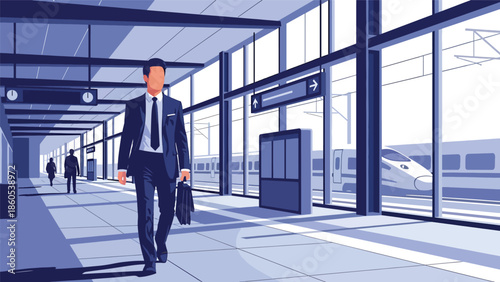 Modern vector illustration of business traveler in modern train station with briefcase, multimodal corporate transportation concept