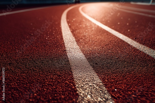 Overhead detail of a vibrant red track with clean white lines, enhanced by soft shadows and low contrast. Suitable for sports facility advertising, website banners, and promotional materials.