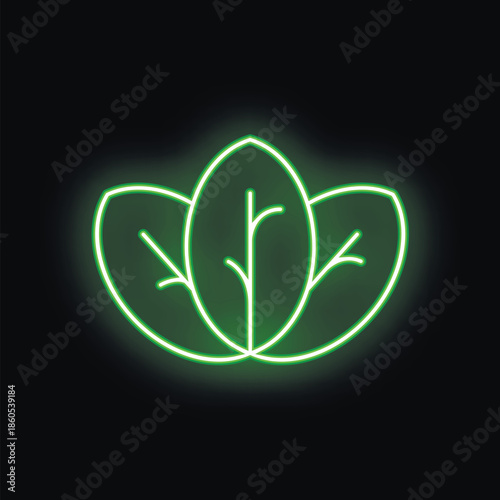 Green neon sign shaped like three leaves, glowing brightly against a dark background
