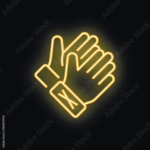 Neon yellow icon of clapping hands with glowing halo on black background