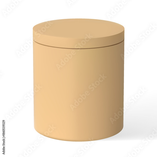 Brown cardboard round gift box with a closed lid, realistic.