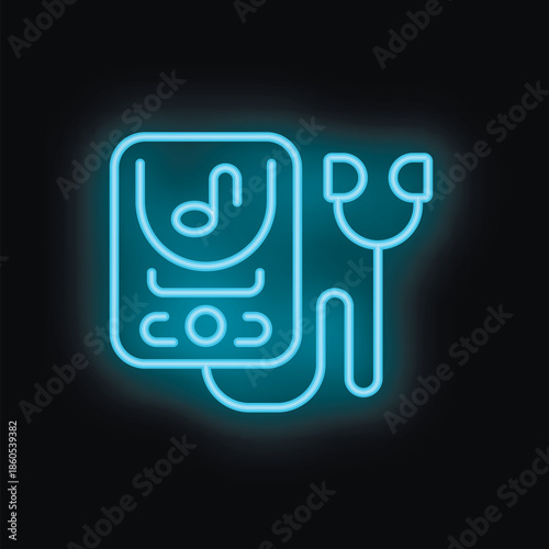 Blue neon music player icon with headphones illustrating the concept of digital music streaming