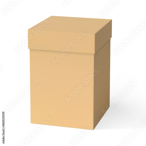 Gift cardboard box with close lid, realistic 3D tall brown carton box for present parcel, delivery package vector mockup