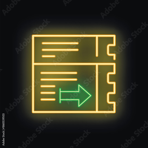 Neon sign showing an invitation with an arrow pointing right, isolated on a black background