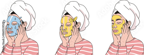 Woman applying facial mask skincare routine illustration set with beauty self care treatment steps flat vector