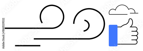 Wind energy concept. Wind symbols with a thumbs-up and cloud signify renewable energy. Wind power supports clean energy efforts and sustainability. Use for eco campaigns, energy conservation, power