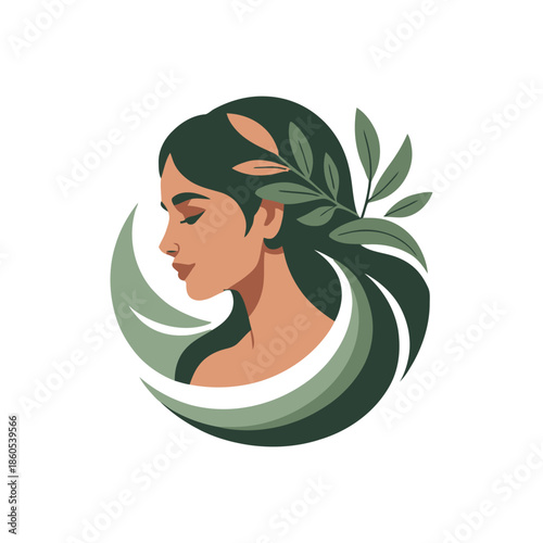 Stylized female portrait with botanical leaves illustration.