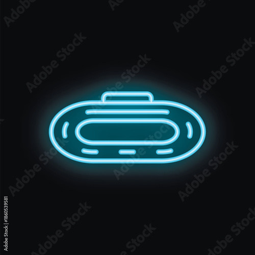 Blue neon icon of a vr virtual reality headset glowing on dark background