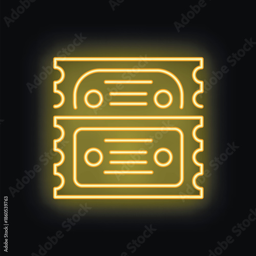 Neon yellow ticket icon glowing on dark background representing entertainment and leisure activities