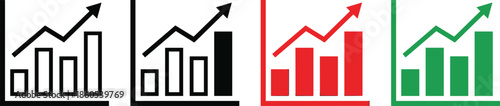 Business growth analytics icons set showing rising bar charts with upward arrows in black red and green styles