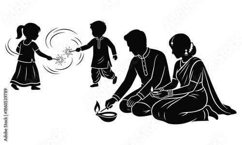 Silhouette illustration of family celebrating diwali festival