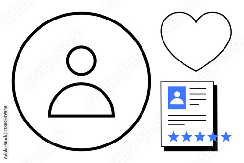 User profile icon next to heart and five-star rated document representing online reviews, customer feedback, reputation management, and digital identity. Ideal for branding, marketing, networking