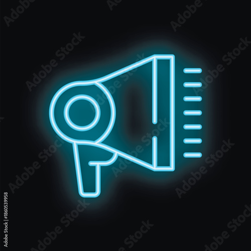 Blue neon sign of a megaphone making an announcement on a black background