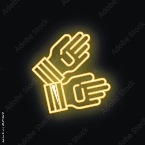 Glowing neon line working gloves icon isolated on black background