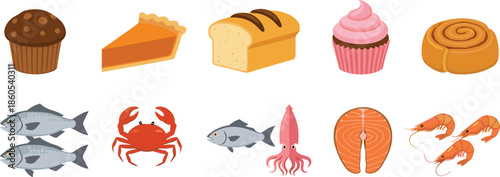 Bakery desserts and seafood food illustration set with bread cupcake fish crab shrimp isolated flat vector