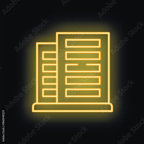 Neon office building glowing yellow on a black background