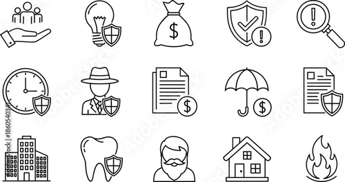 Insurance and Risk Management Icon Set Featuring Financial Protection, Property Coverage, Health Insurance, Life Security, Money Savings, House and Business Safety